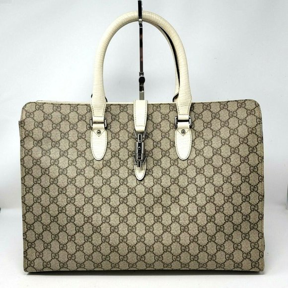Gucci Handbags - Gucci Jackie GG Supreme Canvas Ivory Leather Large Tote Computer Hand Bag Auth